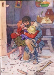 Ils se jetèrent dans les bras de leur père, de Hansel et Gretel publié par Blackie & Son Limited, vers 1940